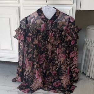 Zimmermann Black Sheer Floral Ruffle Blouse with Pink & Tan Accents